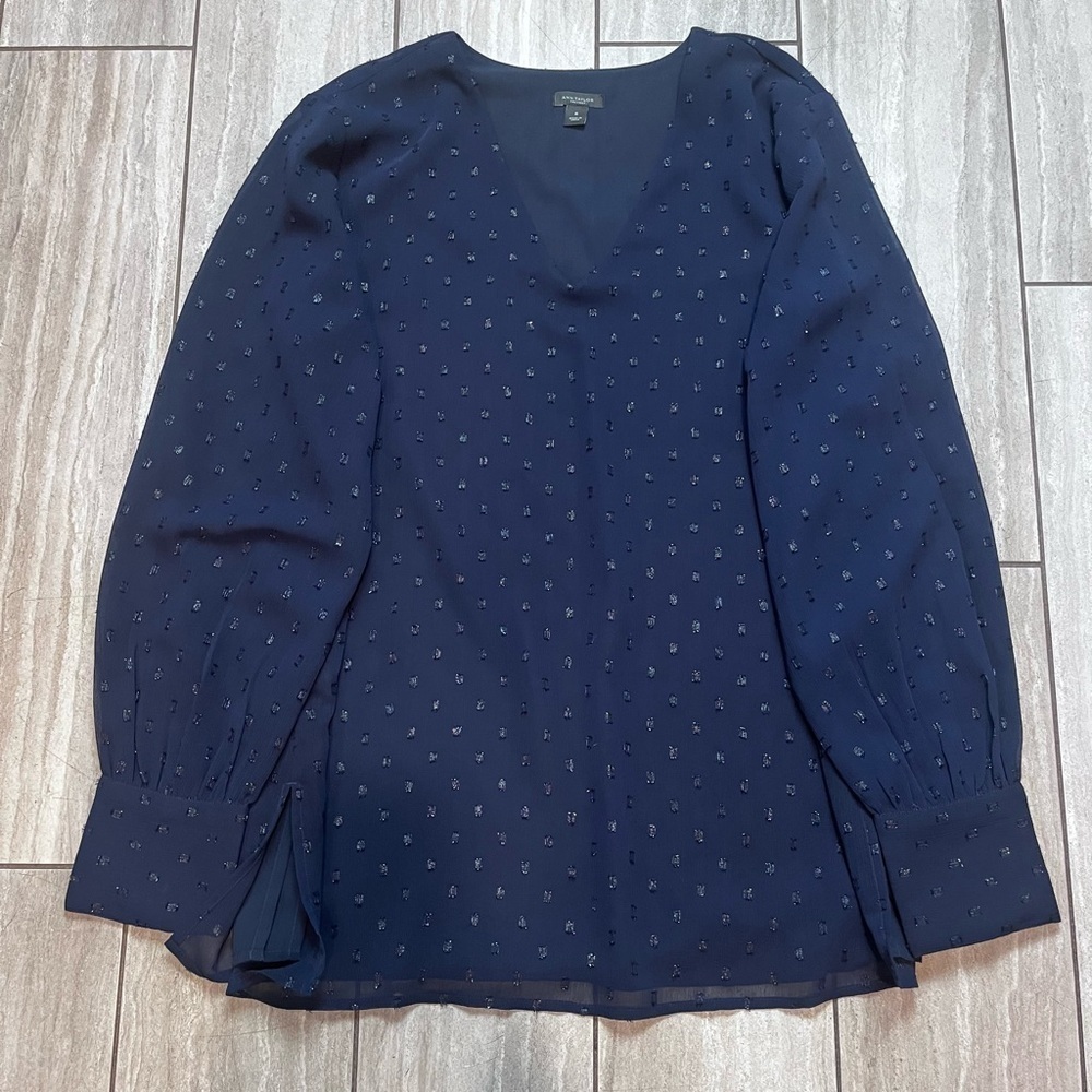Ann Taylor Womens Navy Vneck Texured Mesh Blouse Long Sleeve Medium